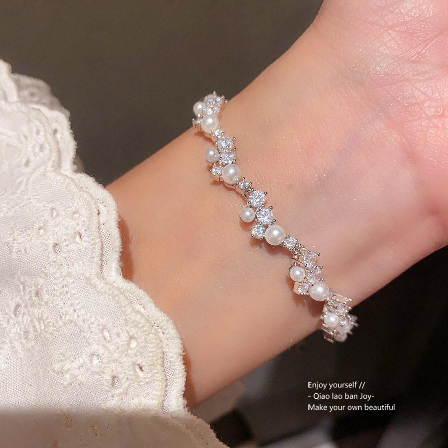 Silver - Toned Bracelet With Pearl And Rhinestone Cluster Accents Delicate Daily & Elegant Jewelry Gift For Her Dainty And Sparkling Accessory