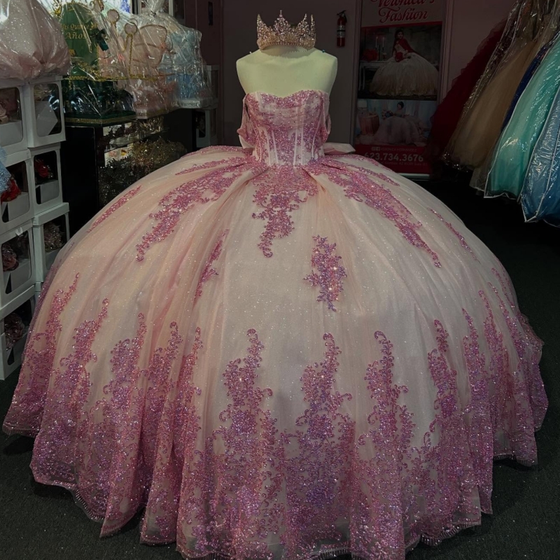 Pink Shiny Ball Gown Quinceanera Dresses Off Shoulder Sequin Applique Lace Beads Bow Tull Party Birthday Sweet 16 Dress Vestidos 15 De Anos
