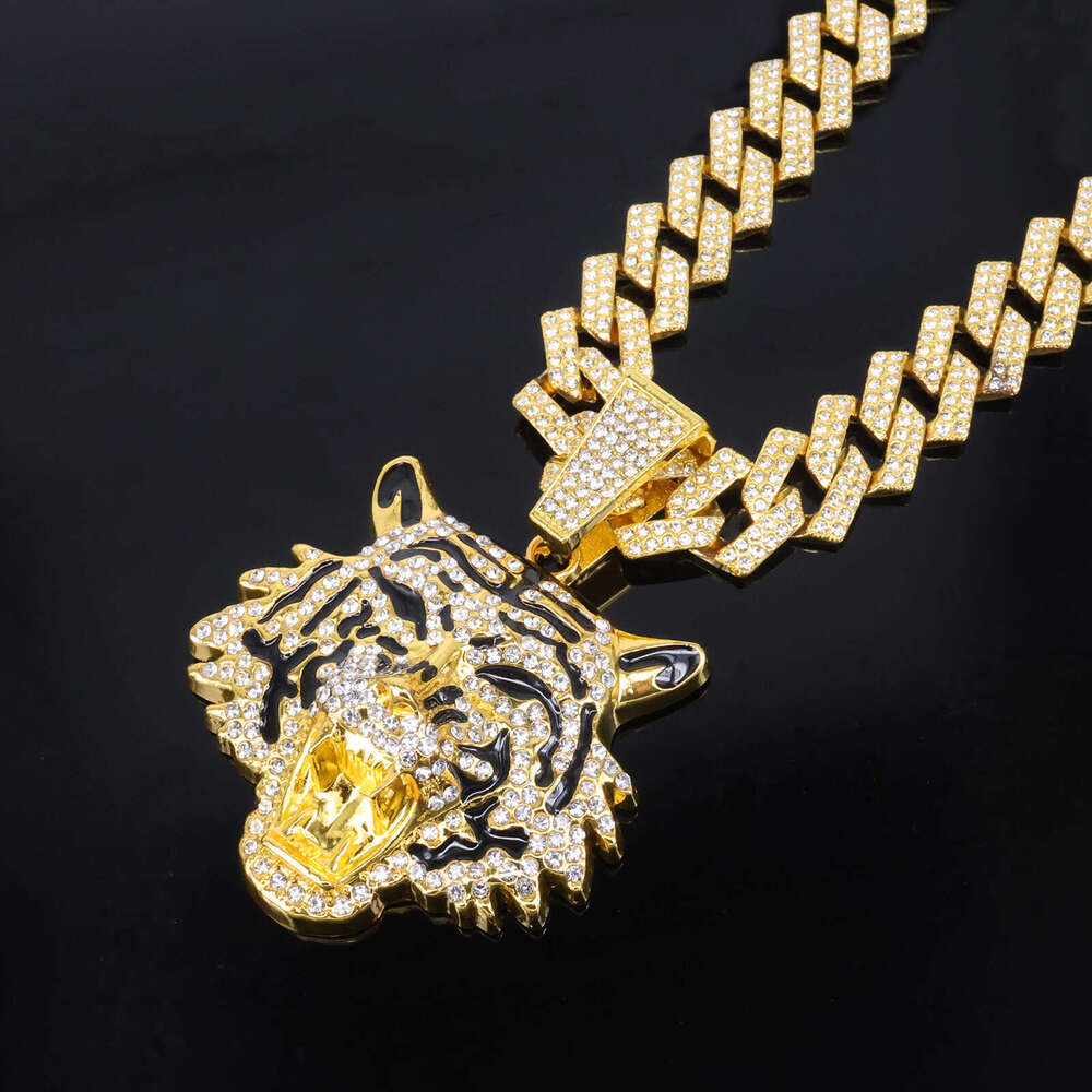 Cool 3D Full Dia New Oil Painting Tiger Head Pendant Trendy Personality Men's Hip-Hop Necklace