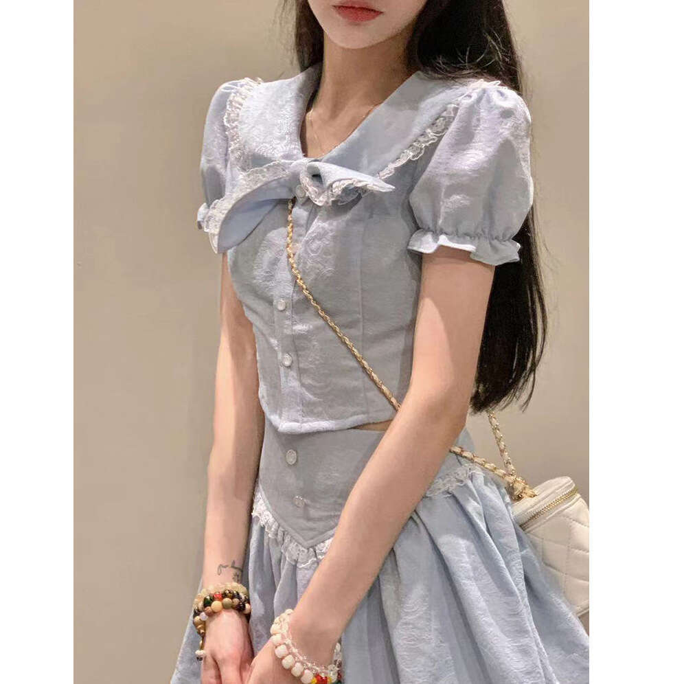 DHEssentials Chanel Style Two-Piece French Tea Break Lace Trim Double Layer Collar Shirt + Ruffled A-Line Short Skirt Set for Women