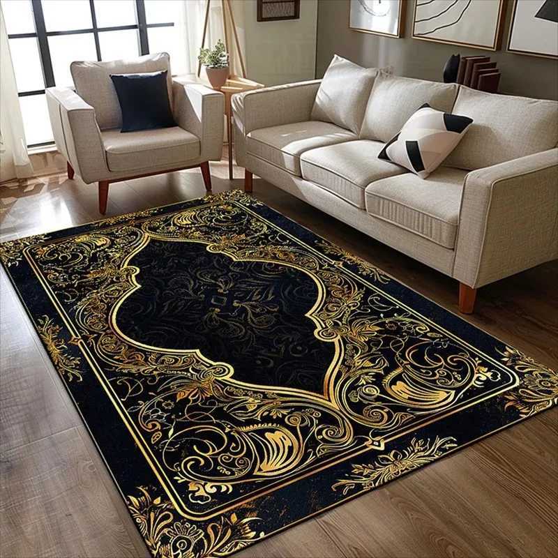 Black Gold Floral Turkish Print Carpet Living Room Sofa Area Rug Home Decor Bedside Area Rug Balcony Kitchen Table Floor Mat C250912