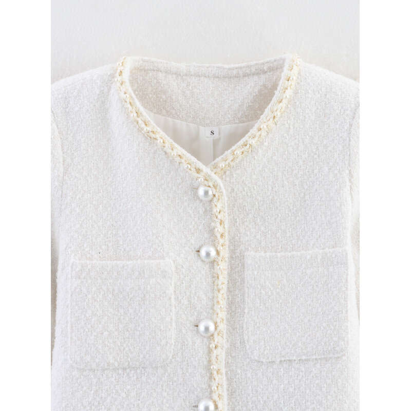 DHEssentials Summer New Women's Fashion Versatile Round Neck Long Sleeve Pocket Pearl Decorated Little Chanel Style Short Jacket