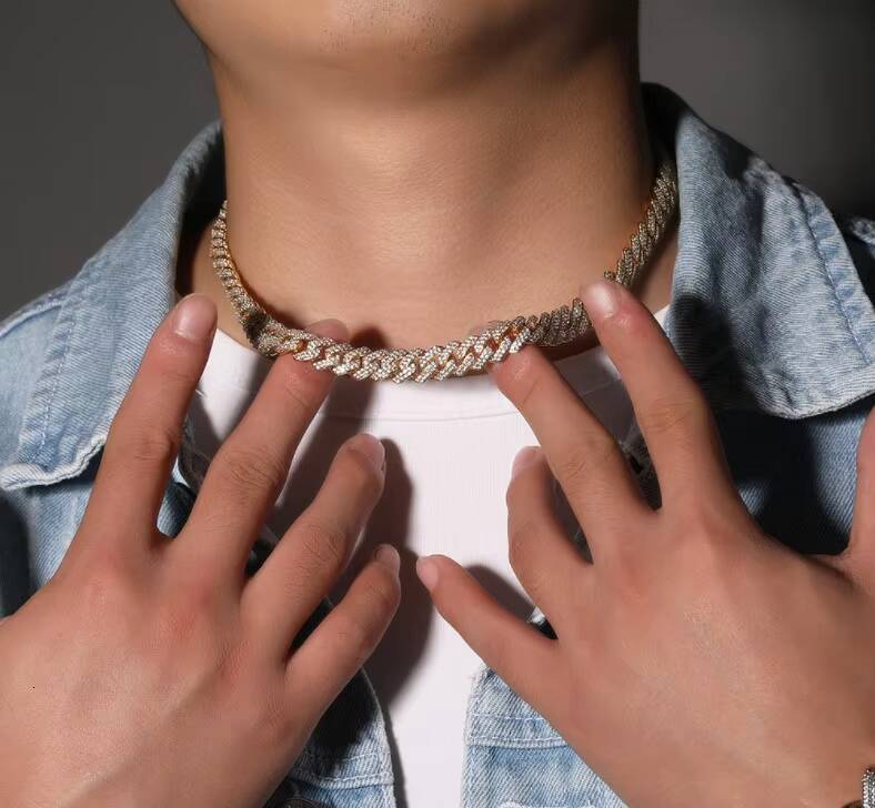 Mens Miami Cuban Link Chain Necklace 10 mm Diamond Prong Moissanite Cuban Chain Hip Hop Cuban Chain