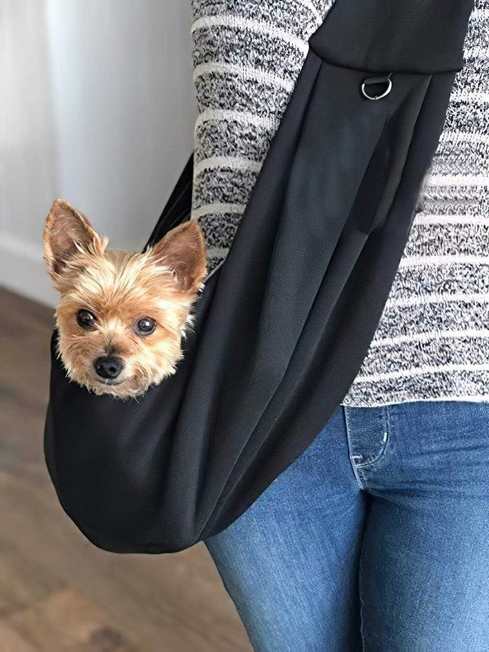 Small Dog Cat Travel Bag Hands Free Pet Carrier with Adjustable Strap Stainless Steel ID Barrel Black Up to 12 lbsW250912