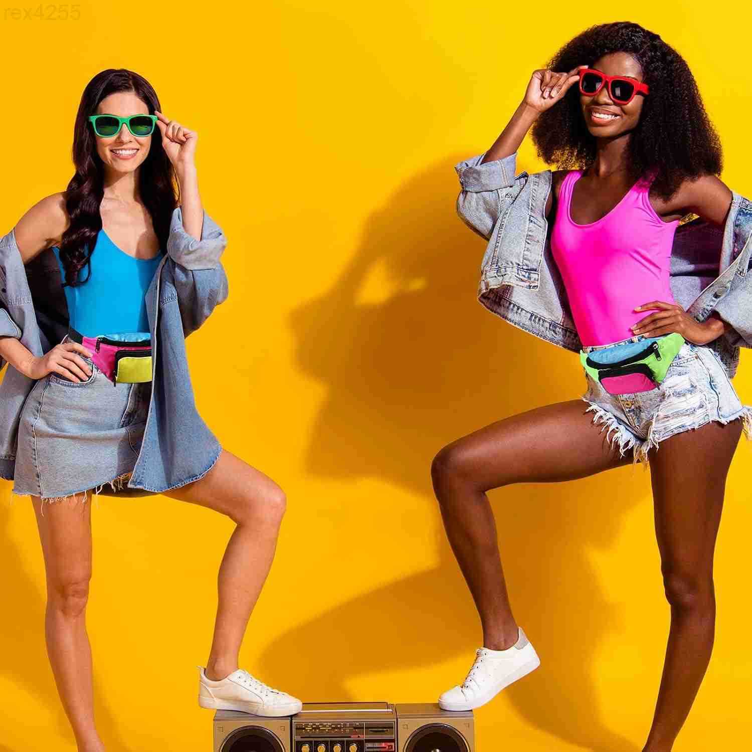 80s Retro Neon Fanny Pack 2 Pockets Belt Bags 90s Costumes for Women Men Waist Packs for Holiday Festival 80s Theme Halloween PartyPink BottomW250912