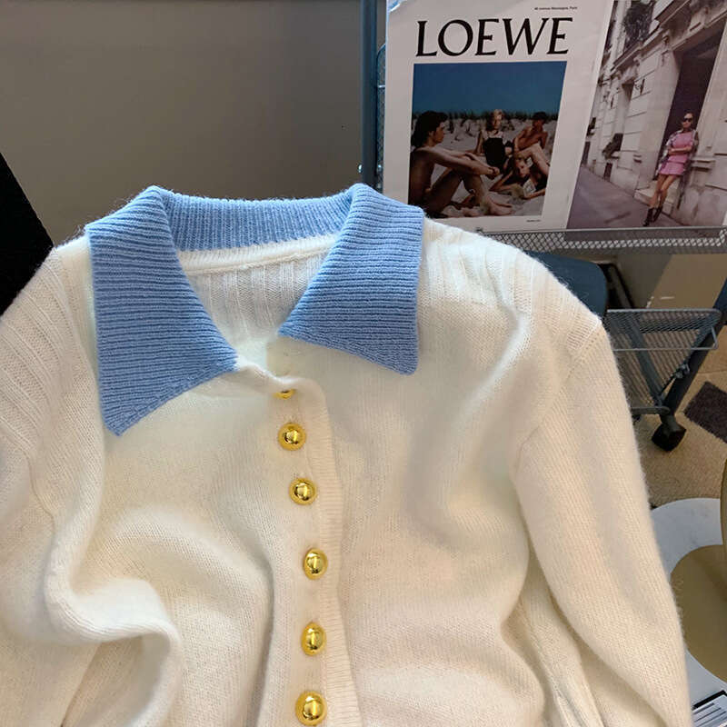 DHEssentials 2025 Autumn New Short Polo Collar Gentle Style Knitted Cardigan Sweater for Women