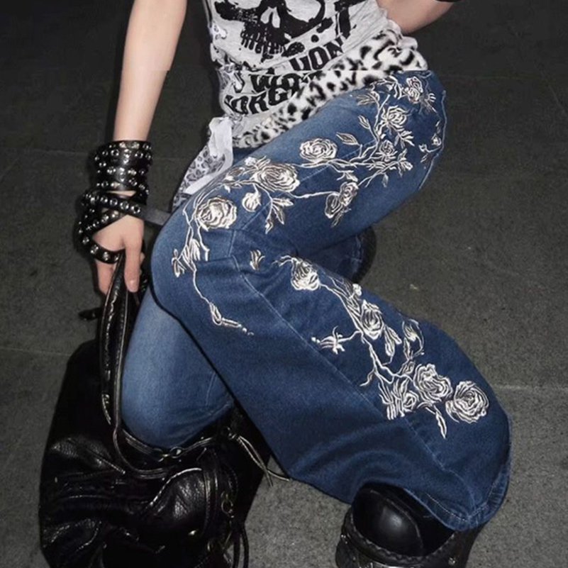 Rose y Elegant Blue Jeans Women American Vintage Slim Flare Denim Pants Streetwear Harajuku Y2K Chic Trousers 250911