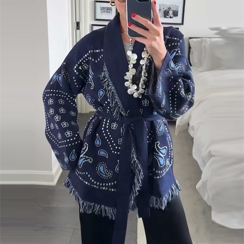 Tassel Patchwork Printed Cardigan Women Geometric Patterns Belts Vneck Long Sleeve Knitted Street Lady Sweater 2025 Autumn Coat 250911