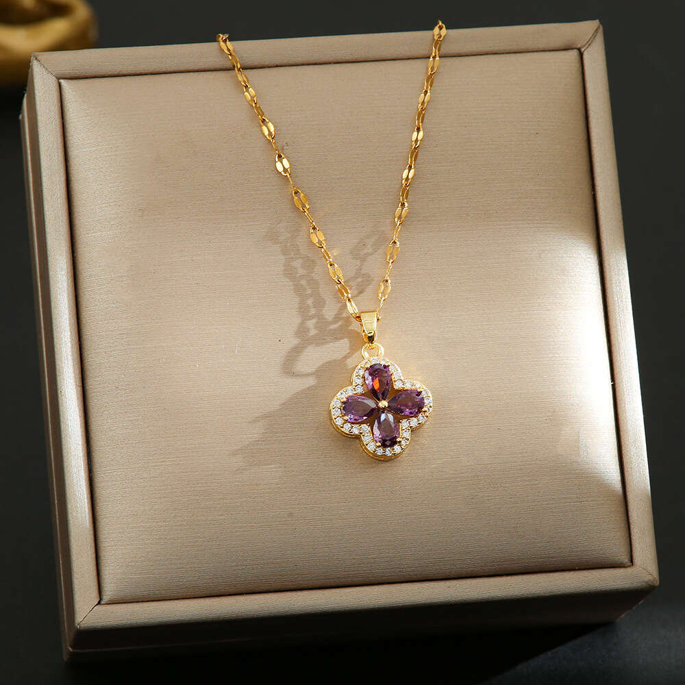 New Violet Inlaid Dia Four-Leaf Clover Titanium Steel Necklace for Women Fashion Versatile Collarbone Chain Light High-End Jewelry