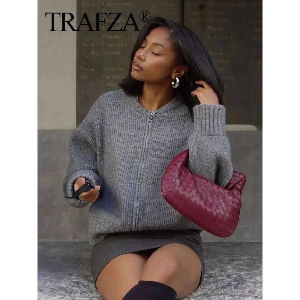 TRAFZA Women Vintage Solid Color Coat Long Sleeve Round Neck Jacket Spring Female Casual Zipper Sweater Coats