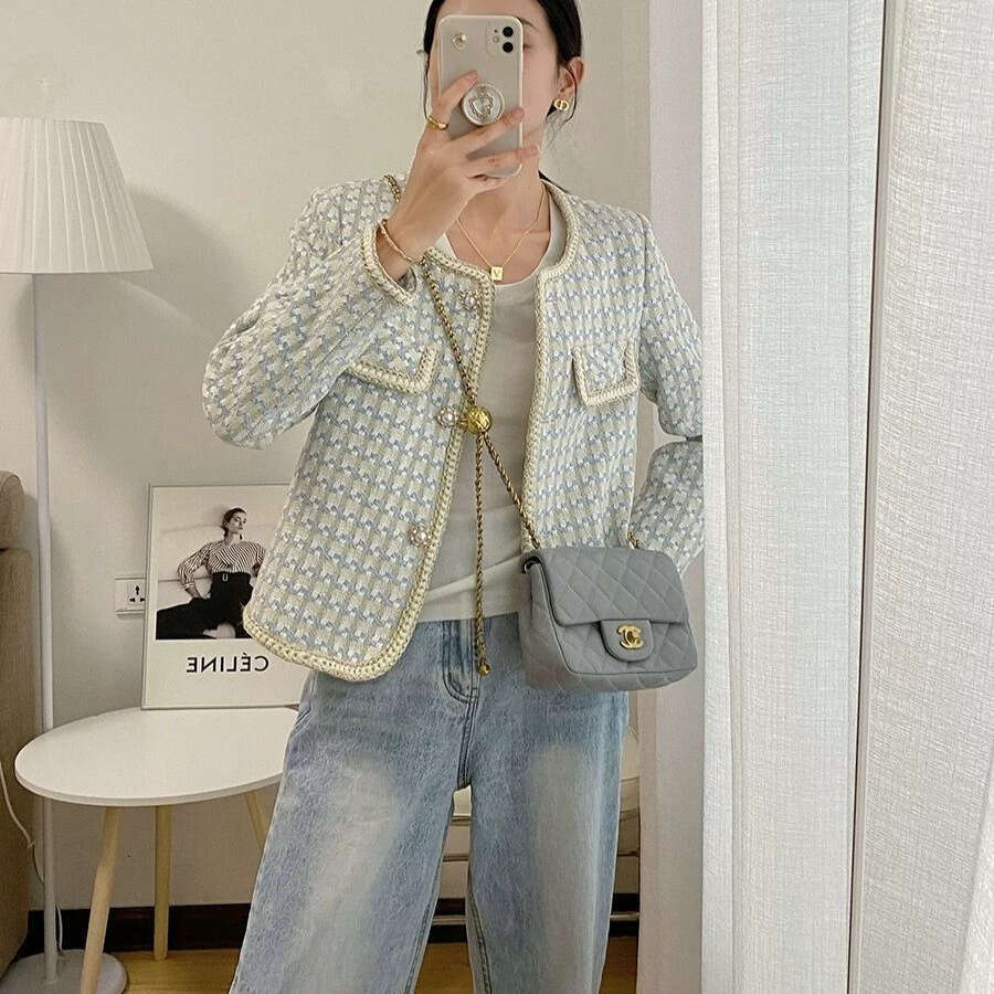 DHEssentials 2025 Autumn Winter New Houndstooth Chanel Style Loose Versatile Elegant Commuter Chic Tweed Jacket for Women