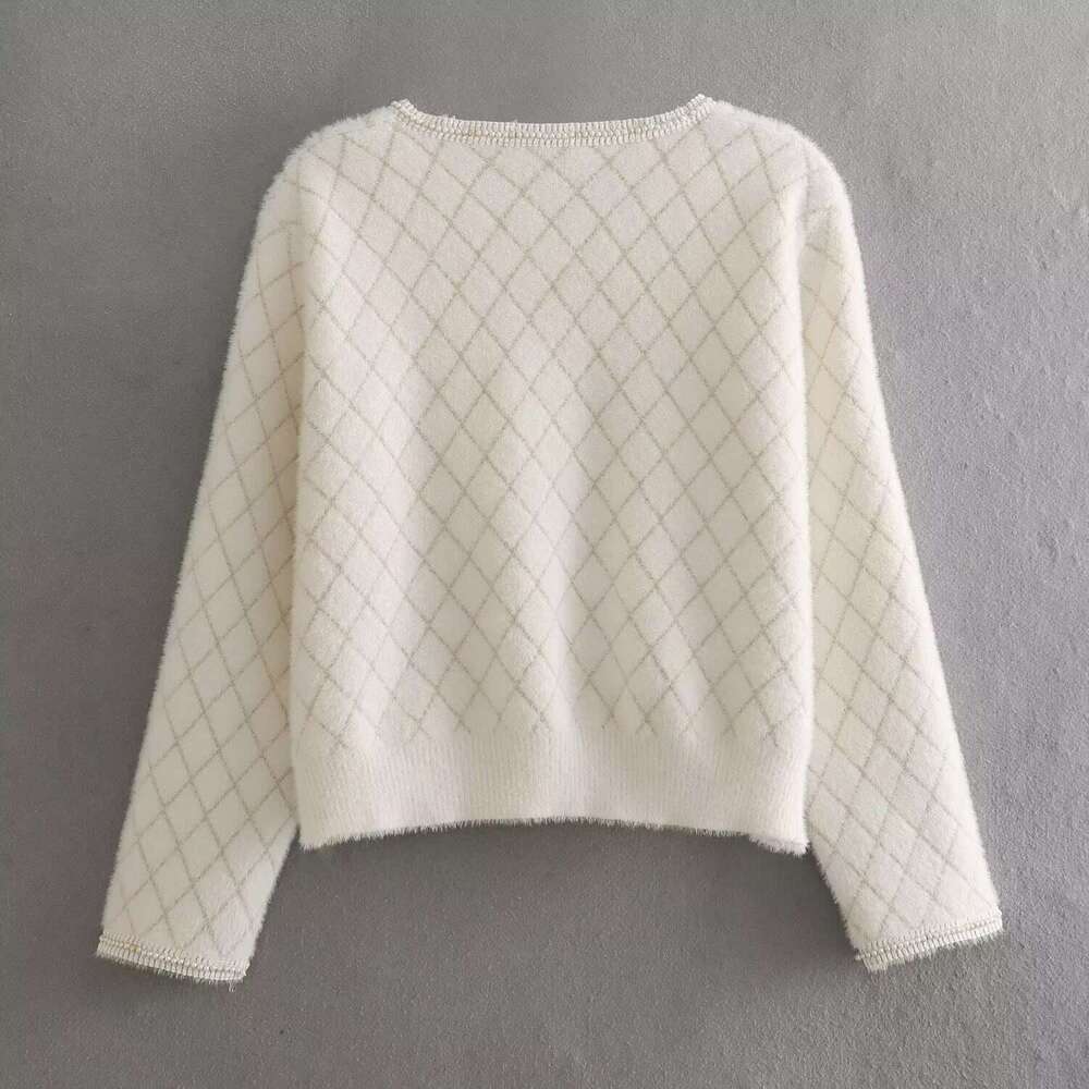 DHEssentials 2025 Autumn New French Style Small Fragrance Diamond Gold Thread Pearl Ribbon V-neck Long Sleeve Knitted Sweater Cardigan