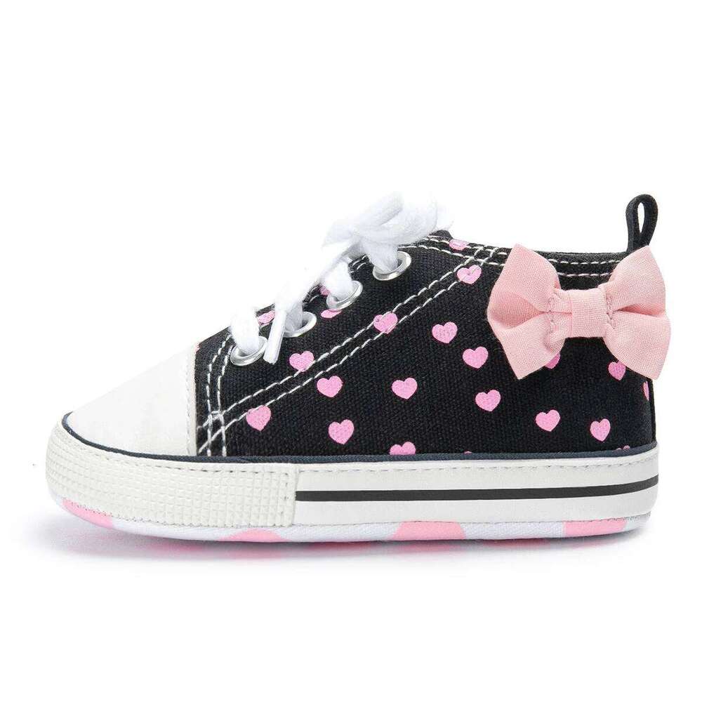 Newborn Baby Girls Shoes Fashion Bowknot Heart Print Classic Canvas Casual High Tops Sneakers Soft Anti-slip Sole First Walkers