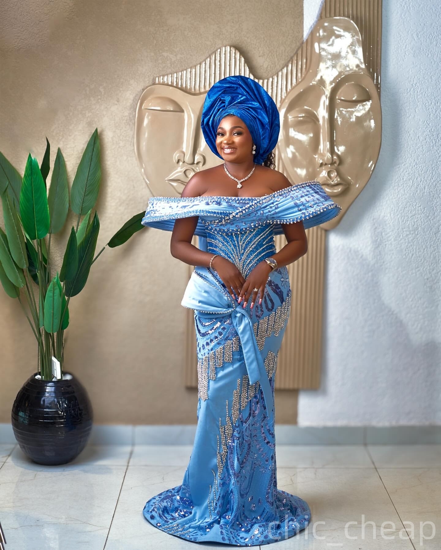 Aso Ebi Sky Blue Mermaid Prom Dresses 2025 Crystals Sequined Evening Formal Party Second Birthday Engagement Gowns Plus Size Dress For Special Occasio