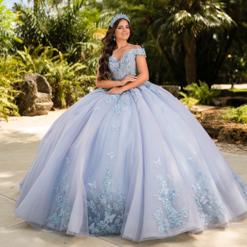 Light Lavender Ball Gown Quinceanera Dresses Off The Shoulder Applique Beads Bow Sky Blue Lining Party Birthday Sweet 16 Dress Vestidos 15 De Anos