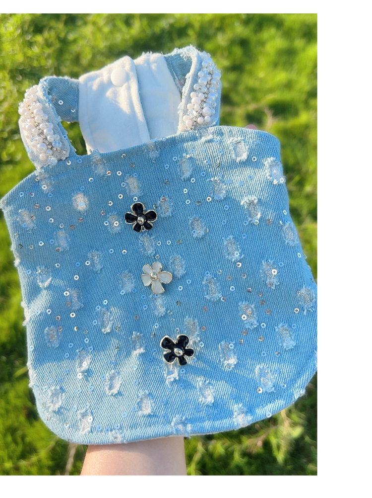 Pet Denim Sequin Vest Cute Beret Dog Autumn and Winter Coat Teddy Schnauzer Pet Small Dog Denim Vest with Fleece Puppy Clothes