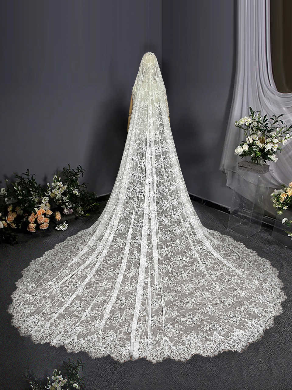 Graceful White Ivory Long Bridal Veils Wedding Veil Lace Appliques Soft Net Cathedral Veil velos de novia Bridal Head Veil Marriage Accessories Customized