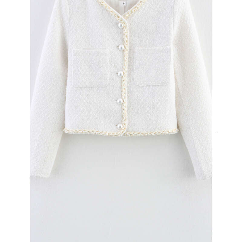 DHEssentials Summer New Women's Fashion Versatile Round Neck Long Sleeve Pocket Pearl Decorated Little Chanel Style Short Jacket