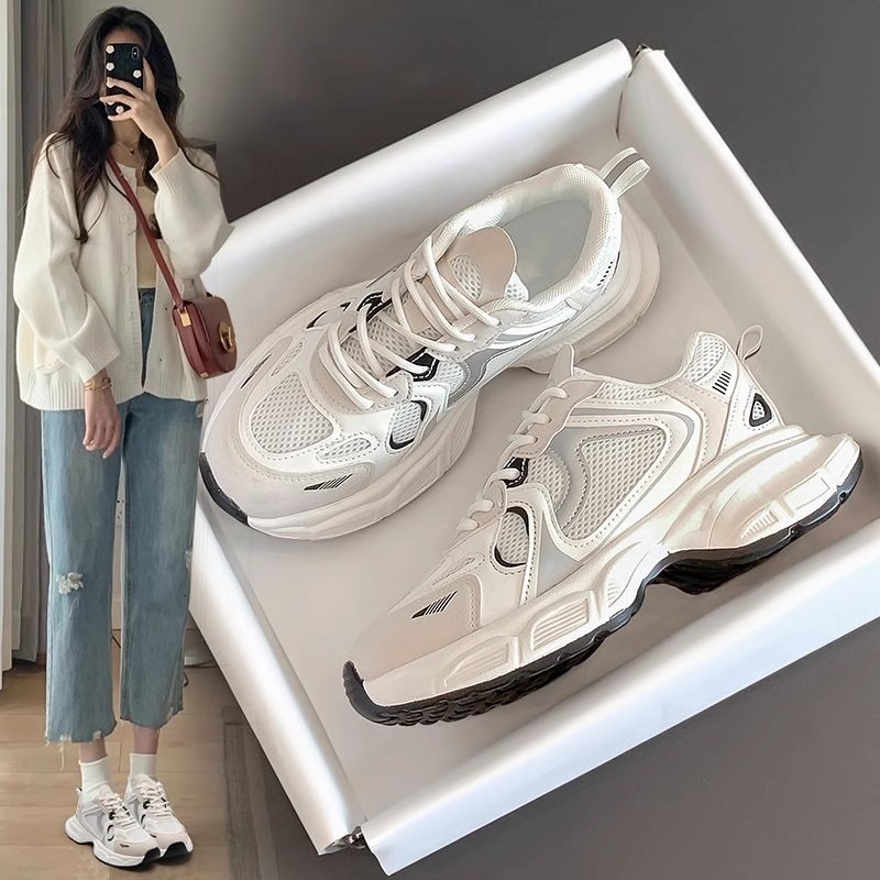 TOP Designer 2025 Spring/Summer Women's Dad Shoes Mesh Thick Sole Height Increasing Fashion Lace-up Casual Versatile Sneakers e9