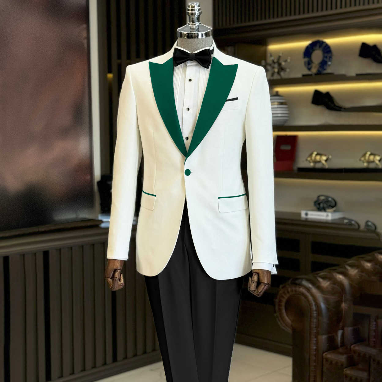 Elegant Wedding Tuxedos 2 Piece Set Jacket Pants Men Suit Green Peaked Lapel One Button Evening Prom Groom Blazers Customized