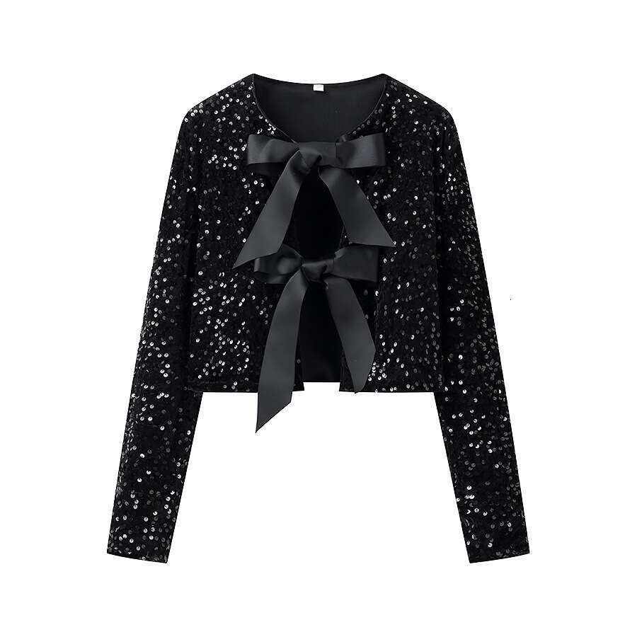 DHEssentials 2025 Summer New French Style Small Chanel Design Bow Tie Sequin Decorated Long Sleeve Top