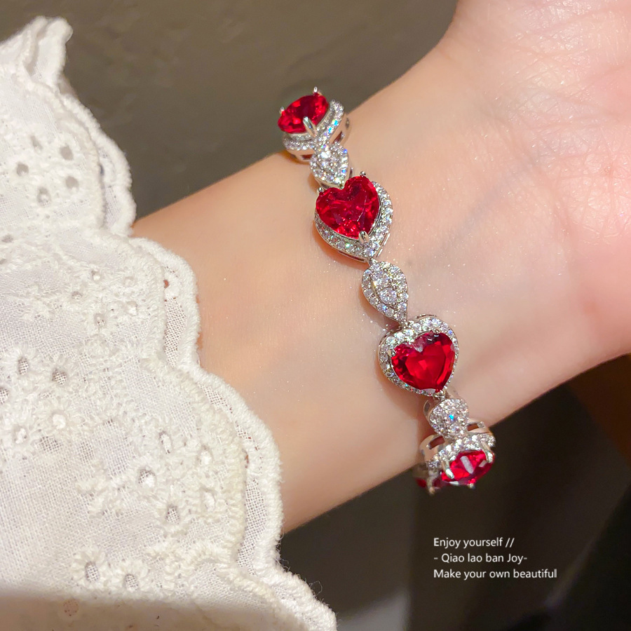 Silver - Toned Bracelet With Red Heart - Shaped Gemstones And Rhinestone Details Delicate Daily & Glamorous Jewelry Gift For Her Luxurious And Eye - C