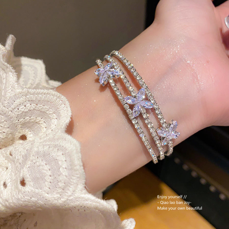 Silver - Toned Cuff Bracelet With Crystal Flower Accents And Rhinestone Layers Delicate Daily & Glamorous Jewelry Gift For Her Elegant And Sparkly Acc