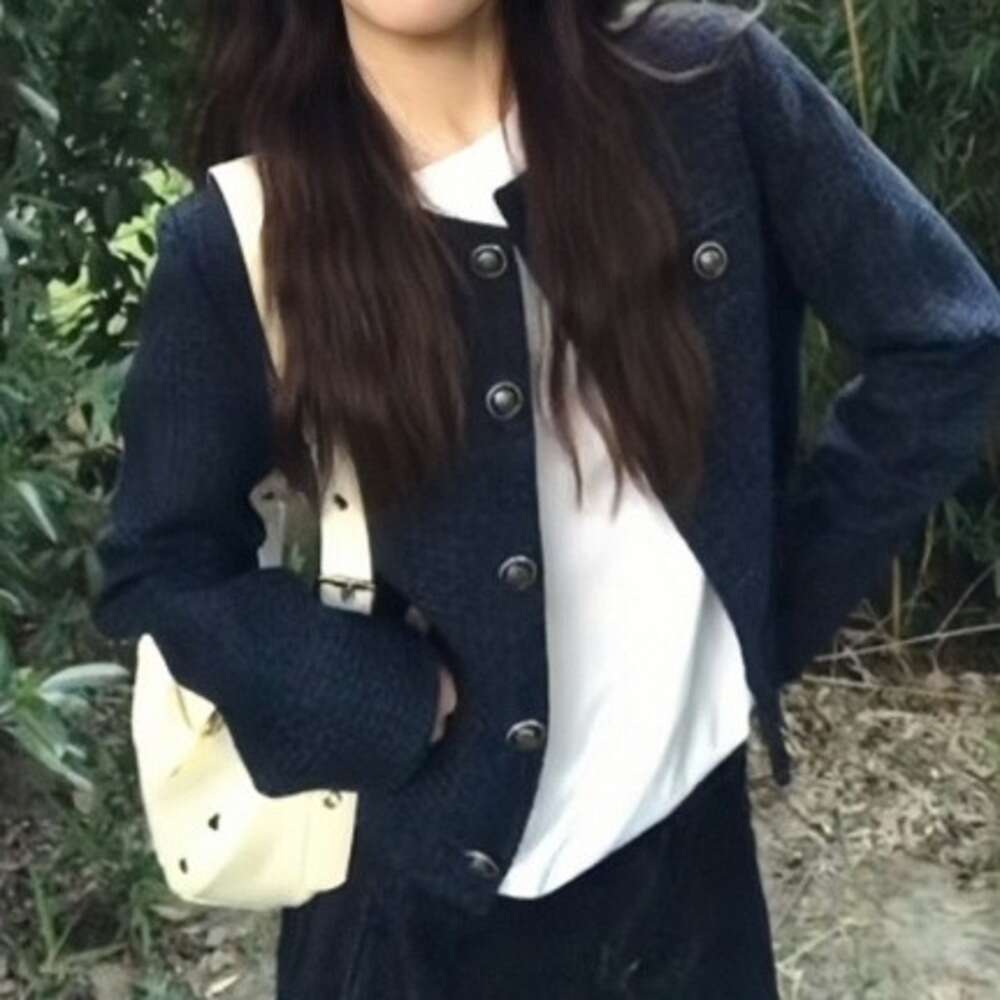 DHEssentials Korean Style Navy Blue Chanel-Style Coat for Women 2025 Autumn High-End Look Super Beautiful Petite Elegant Commuter Jacket