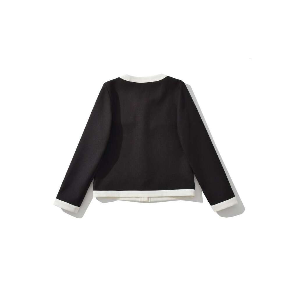 DHEssentials 2025 Autumn New Small Fragrance Style Youthful Short Single-Breasted Color-Block Women's Long Sleeve Jacket Black