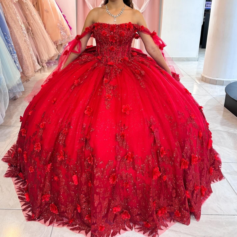 Red Shiny Ball Gown Quinceanera Dresses Off The Shoulder Sequin Applique Flower Beads Bow Tull Party Birthday Sweet 16 Dress Vestidos 15 De Anos