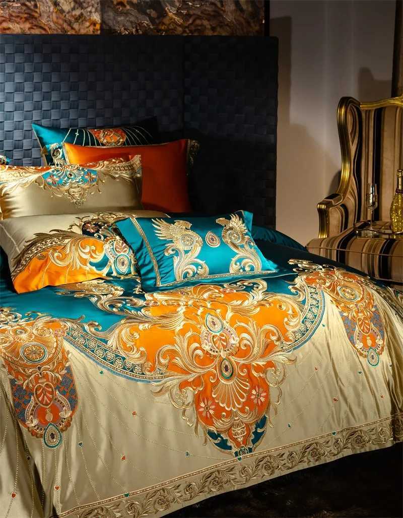 Golden Embroidery Patchwork Duvet Cover Set Luxury Royal Bedding Set 4610Pcs Comforter Cover Bed Sheet Bedspread Pillowcases C250912