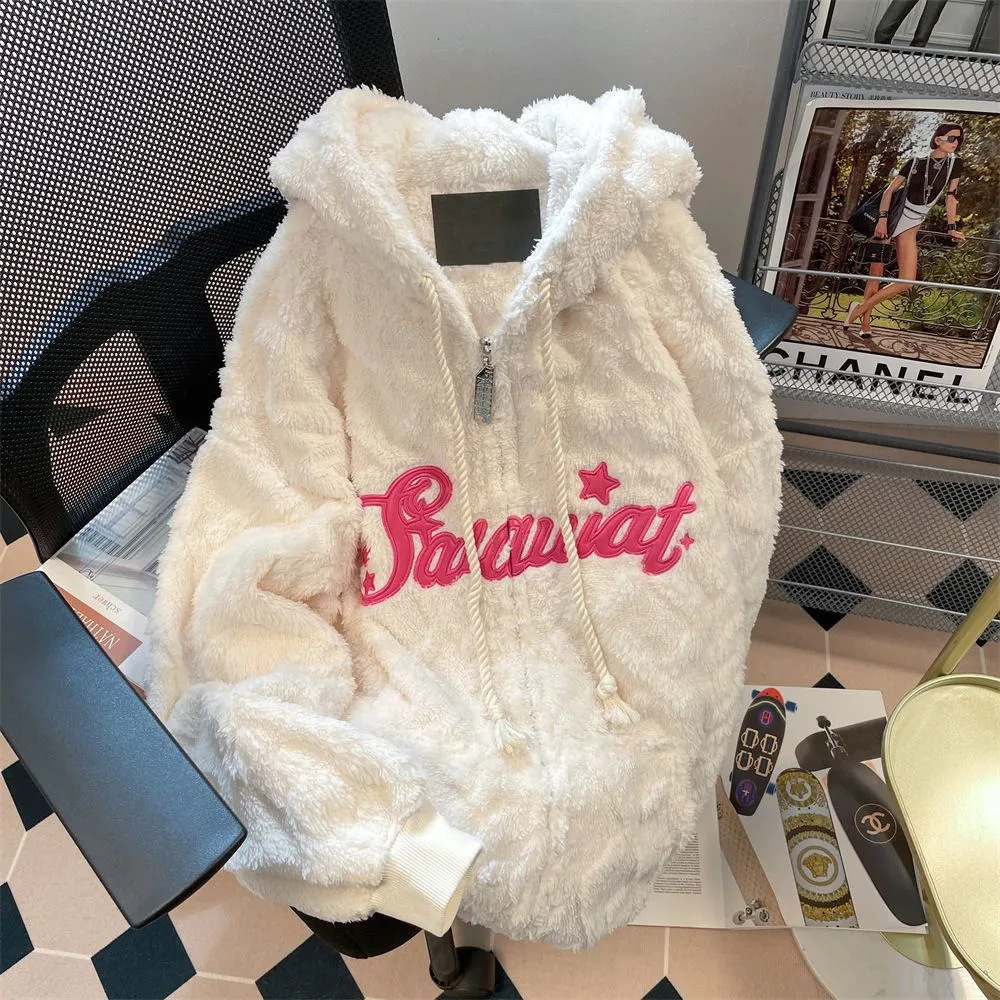 Cute Rabbit Big Ear Lamb Wool Sweater Embroidery Hoodies Women Korean Thickened Wooly Zip Up Hoodies Kawaii Goth Y2k Clothes 240810