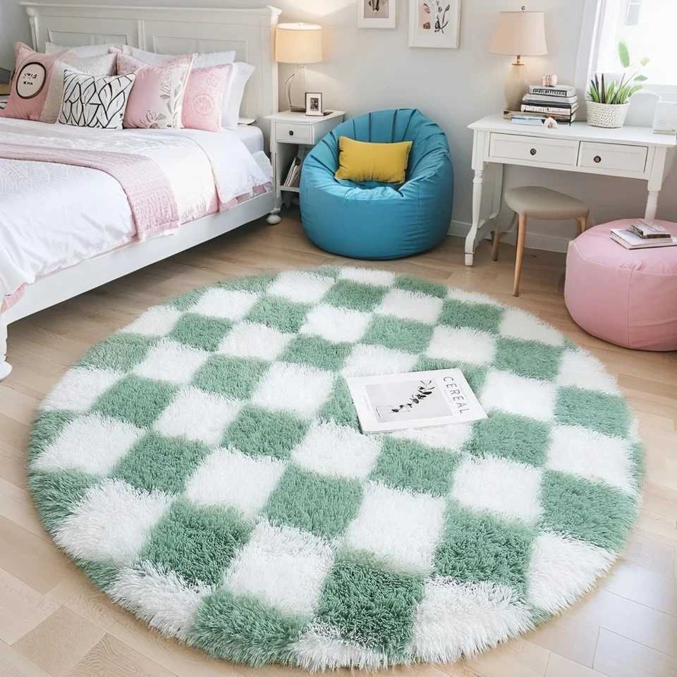 Modern Checkerboard Round Rug Soft Plush Rugs Circular Carpet for Home Decor Nursery Game Mat Childrens Bedroom Bedside Mats C250912