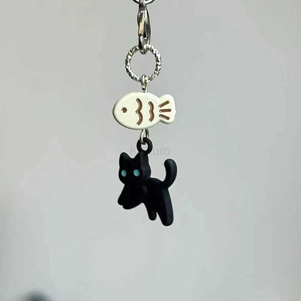 Cute Black Cat Keychain Cartoon Mobile Phone Chain Camera Earphones Pendant Bag Decorative Chain Kawaii Keyring Y2K Accessories M250912