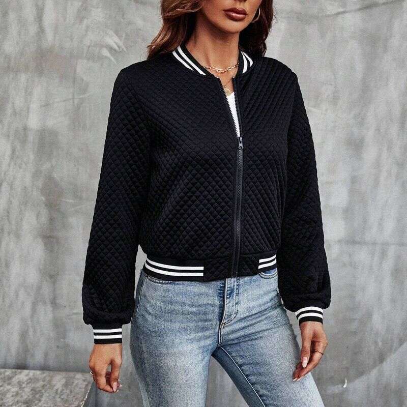 Trendy Zip-Up Baseball Jacket - Polyester & Spandex Blend Casual Outerwear For Women (Black, Striped/Checkered, S-Xxl)"