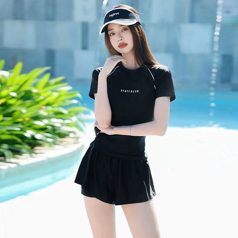 Sports Swimsuit Adult Women's New Plus Size Two-Piece Set Short Sleeve Student Hot Spring Conservative Swimwear