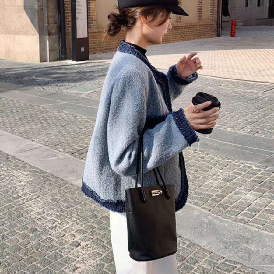 DHEssentials French Style Chanel-Inspired Coat with Fleece Lining, Thickened Blue Winter Jacket, Elegant and Warm High-End Feel Women's Top