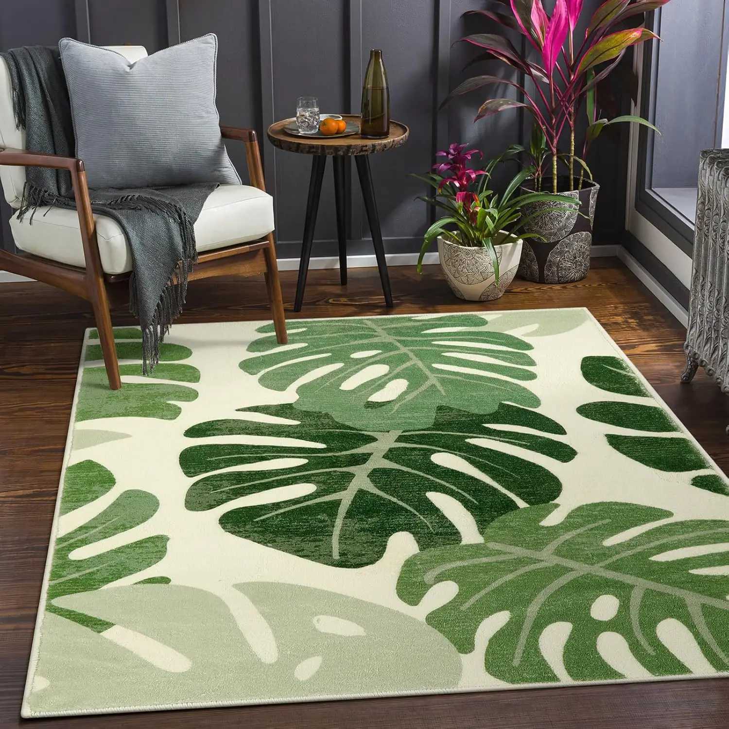 Leaf Area Rugs for Living Room Green Washable Throw Rugs Tropical Monstera Plant NonSlip Bedroom Carpet Porch Entryway Kitchen C250912