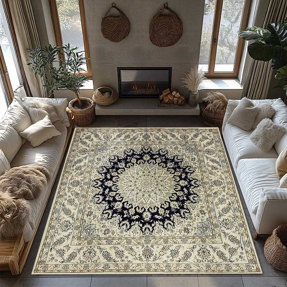 Classic Floral Design Persian Area Rug Cream Royal Blue Boho Accent Carpet for Living Room Decor 8 x 10 Feet Custom Sizes Avail C250912