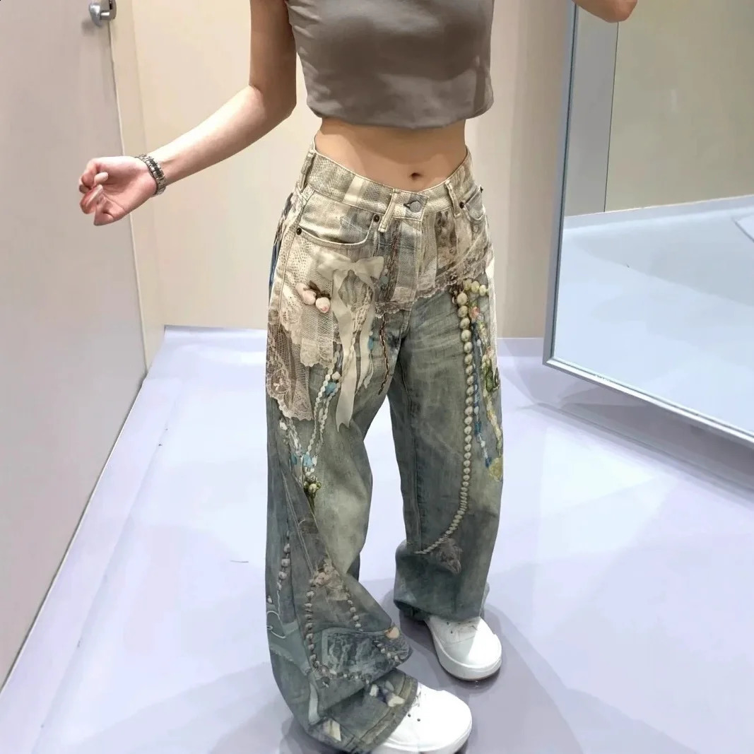 Fashionable Niche 3D Printed Lace Pearl Print Chain Straight Long Pants for Women Fashion Denim Trousers Street Jeans Ladies 250911