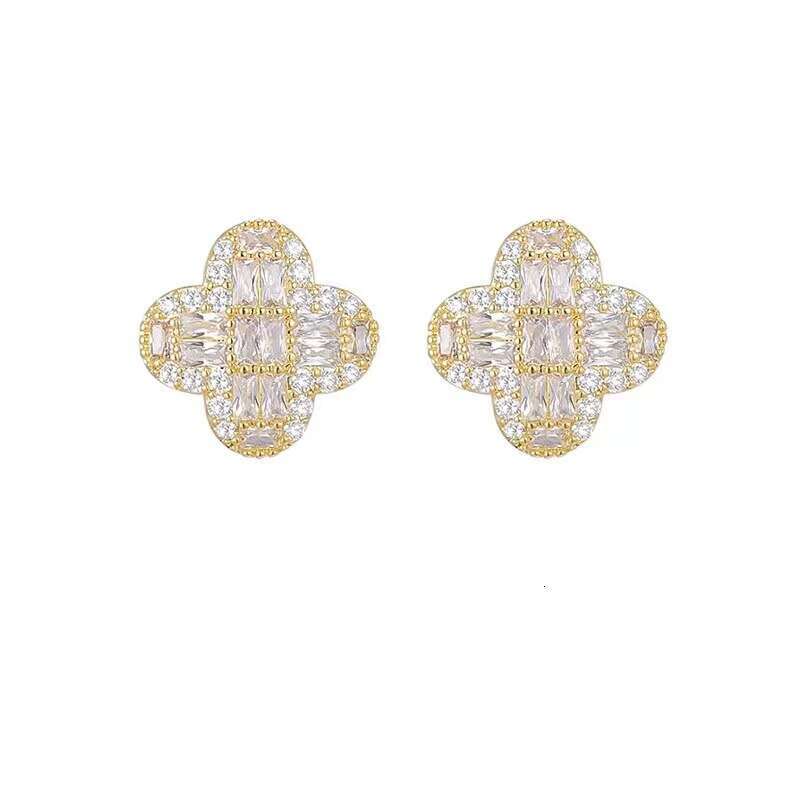 Real Gold Plated Sier Needle Zircon Flower Full Dia Light High-end Fashion Versatile Earrings