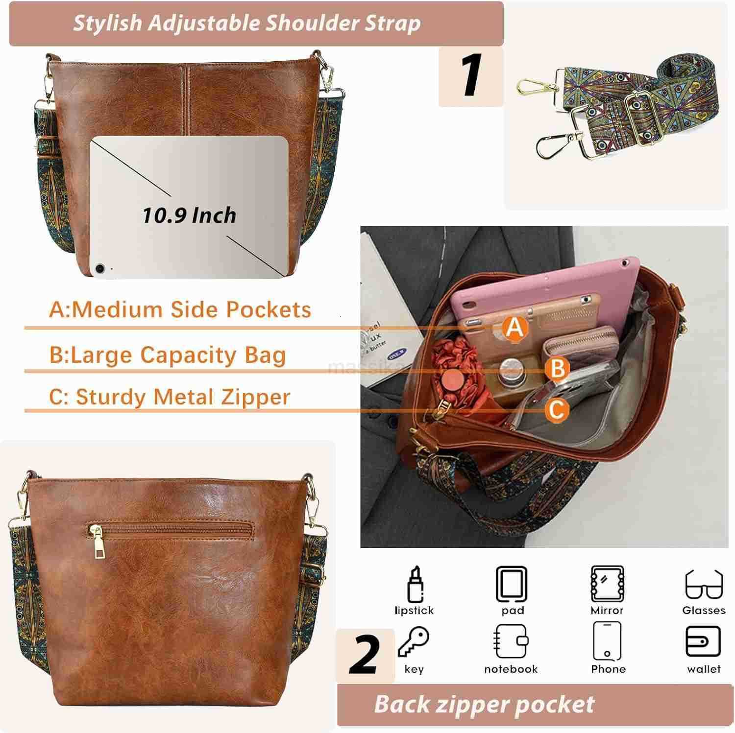 Hobo Bag Vegan Leather Crossbody Bag Guitar Strap Shoulder Purses with Zipper Handbags for Women M250913