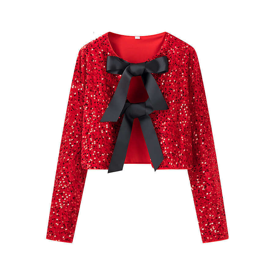 DHEssentials 2025 Summer New French Style Small Chanel Design Bow Tie Sequin Decorated Long Sleeve Top