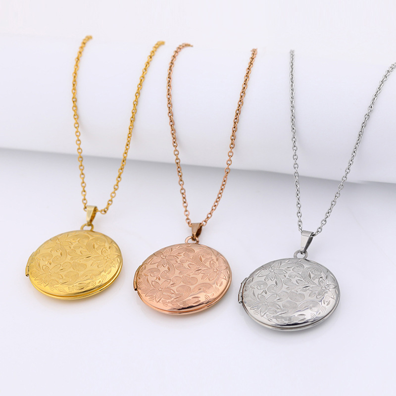 Fashion Versatile Stainless Steel Photo Necklace Round Single-Sided Hollow Commemorative Box Printed Pendant Jewelry