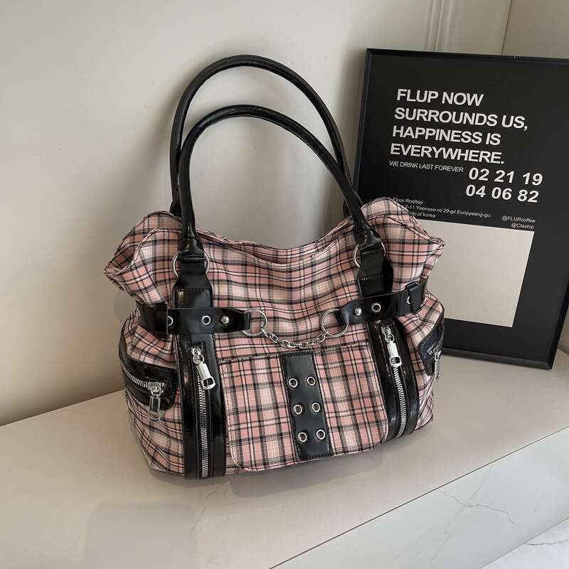 Fashion Trend Plaid Gothic Designer Bags Punk Large Capacity Tote 2025 Canvas Casual Commuter Versatile Shoulder Bag