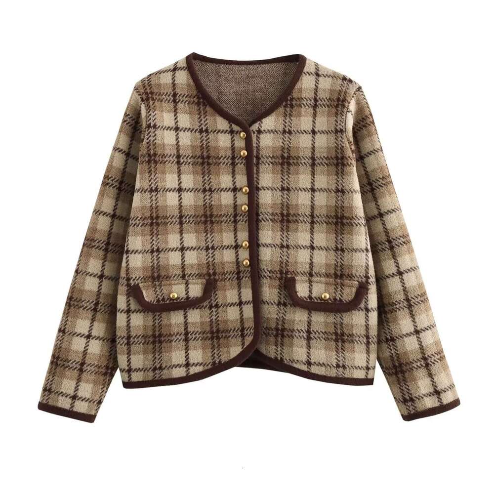 DHEssentials 2025 Autumn Winter New French Style Chanel-Inspired Gold Thread Blend Khaki Plaid Trim Round Neck Sweater Knitted Cardigan