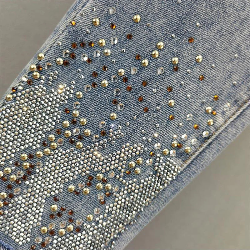 2025 Ladies Jeans Heavy Industry Rhinestone Skinny Jeans Women Spring Summer High Waist Denim Pants Korean Street Stretch Pants 250911