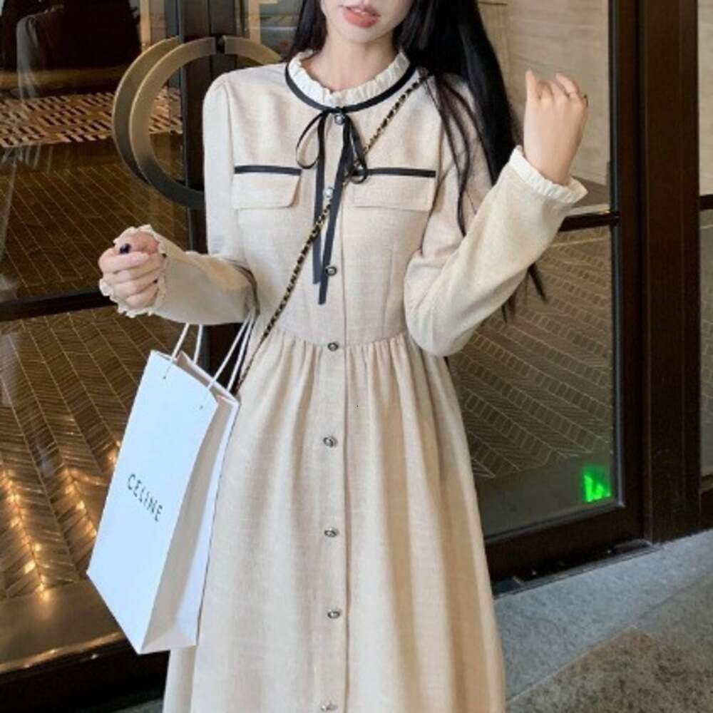 DHEssentials Chanel Style for Women, Autumn Winter 2025 New Elegant Socialite Waist Slimming Mid-Length Tie Long Sleeve Dress