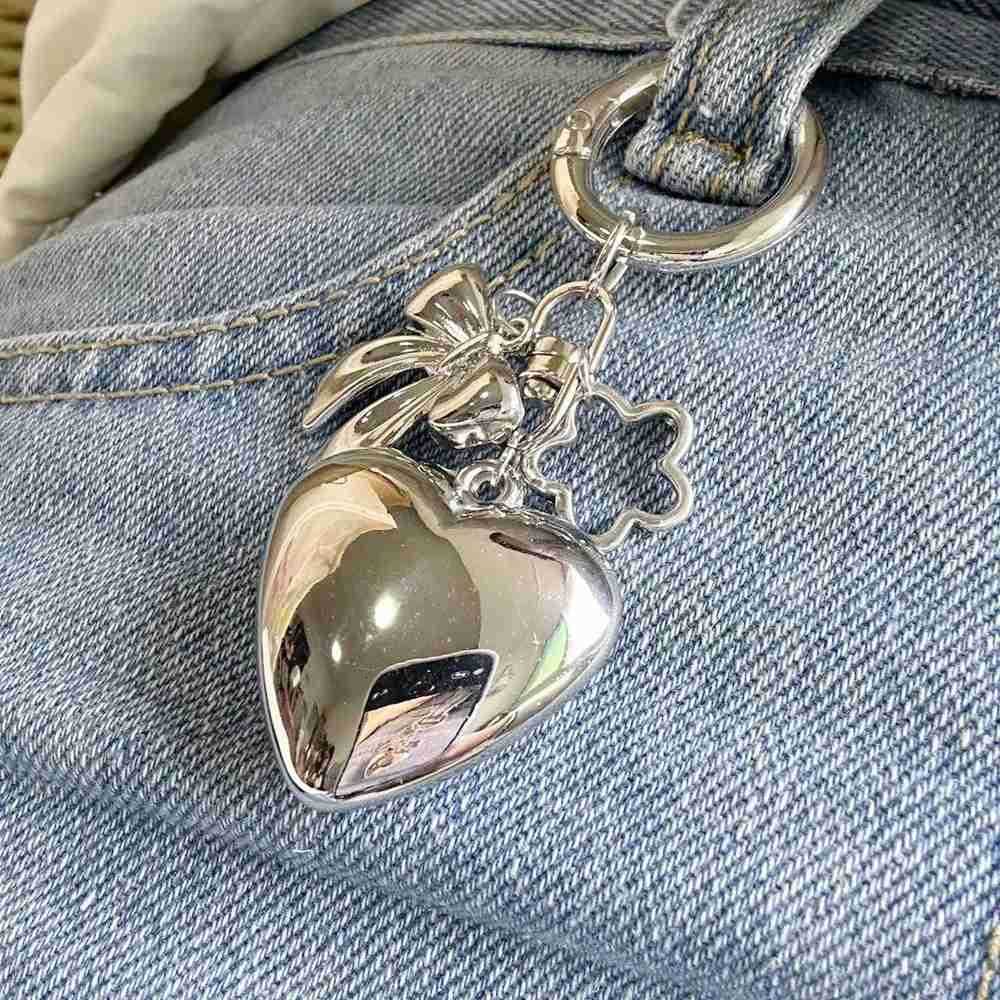 Y2K Silver Color Puffy Heart Bowknot Charms Keyring for Women Backpacks Handbag Pendant Charms Decoration Punk Car Keychain M250912