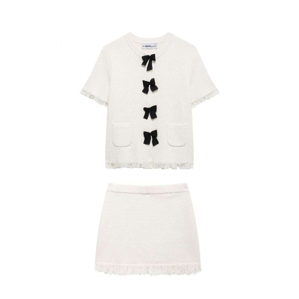 DHEssentials French Style Small Fragrance Fringe Trim Layered Bowknot Jacket + Knitted Mini Skirt Two-Piece Set